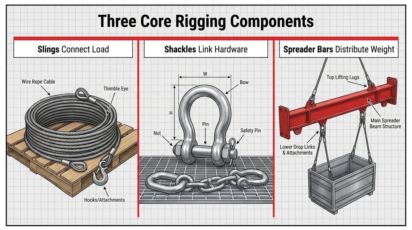 Three core rigging components showing wire rope slings, shackles, and spreader bars used to connect, secure, and distribute lifted loads.