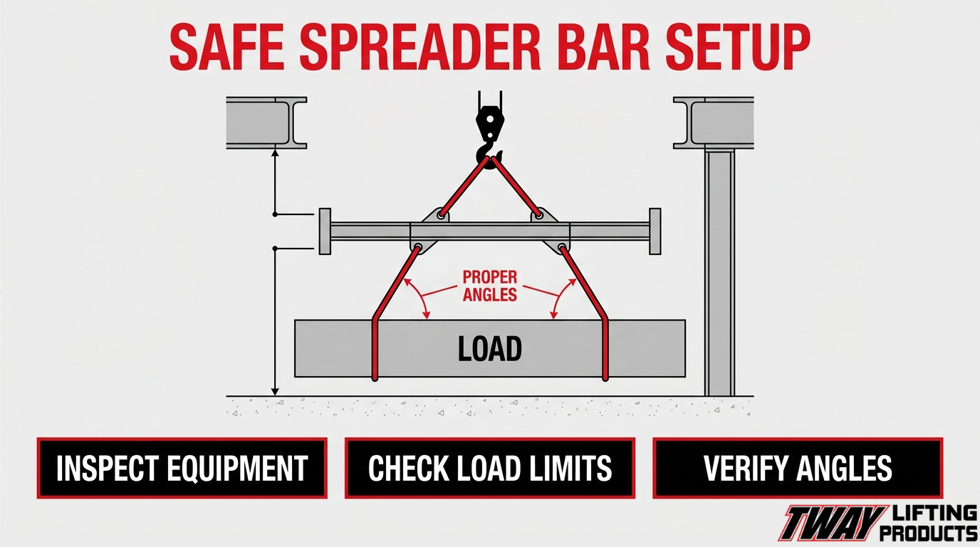 Safe spreader bar setup showing proper sling angles, equipment inspection, and load-limit verification before lifting.