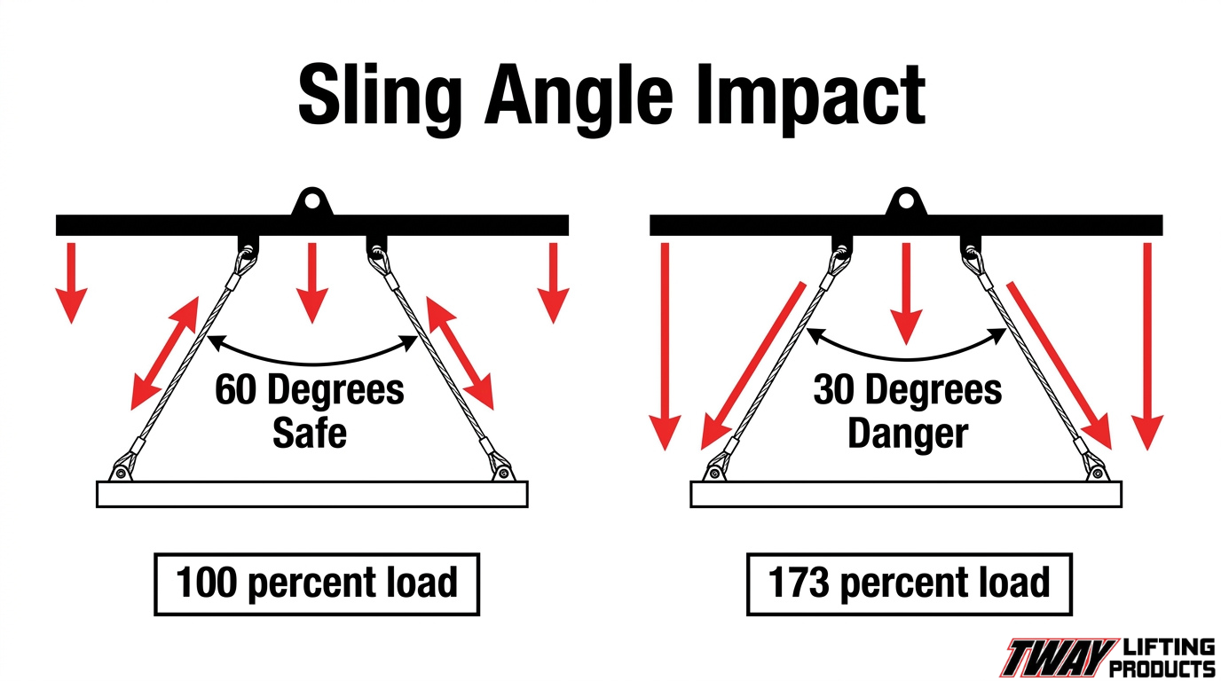 Sling angle comparison showing a 60-degree angle at 100 percent load versus a dangerous 30-degree angle at 173 percent load.