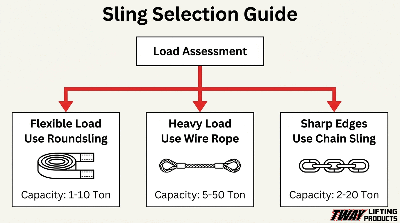 Sling selection flowchart recommending roundslings for flexible loads, wire rope slings for heavy loads, and chain slings for sharp-edged loads.