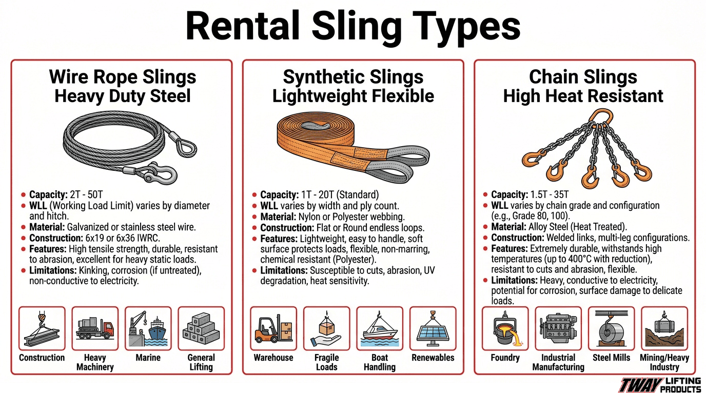Comparison of rental sling types, including wire rope, synthetic, and chain slings with load capacities, materials, features, limitations, and common applications.