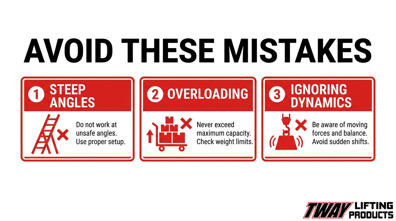 Common spreader bar rigging mistakes, including steep sling angles, overloading, and ignoring load movement and dynamic forces.