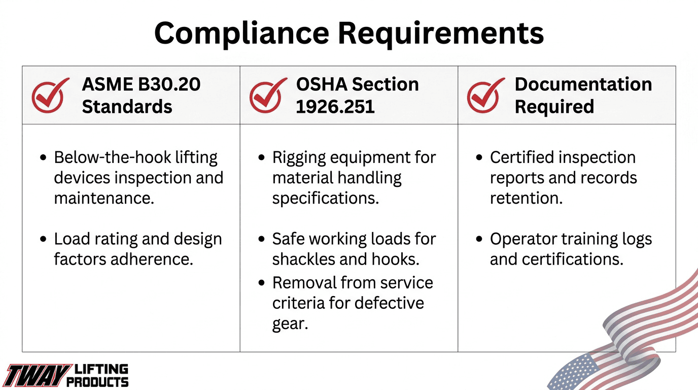 Spreader bar compliance requirements covering ASME B30.20 standards, OSHA Section 1926.251, and required inspection documentation.
