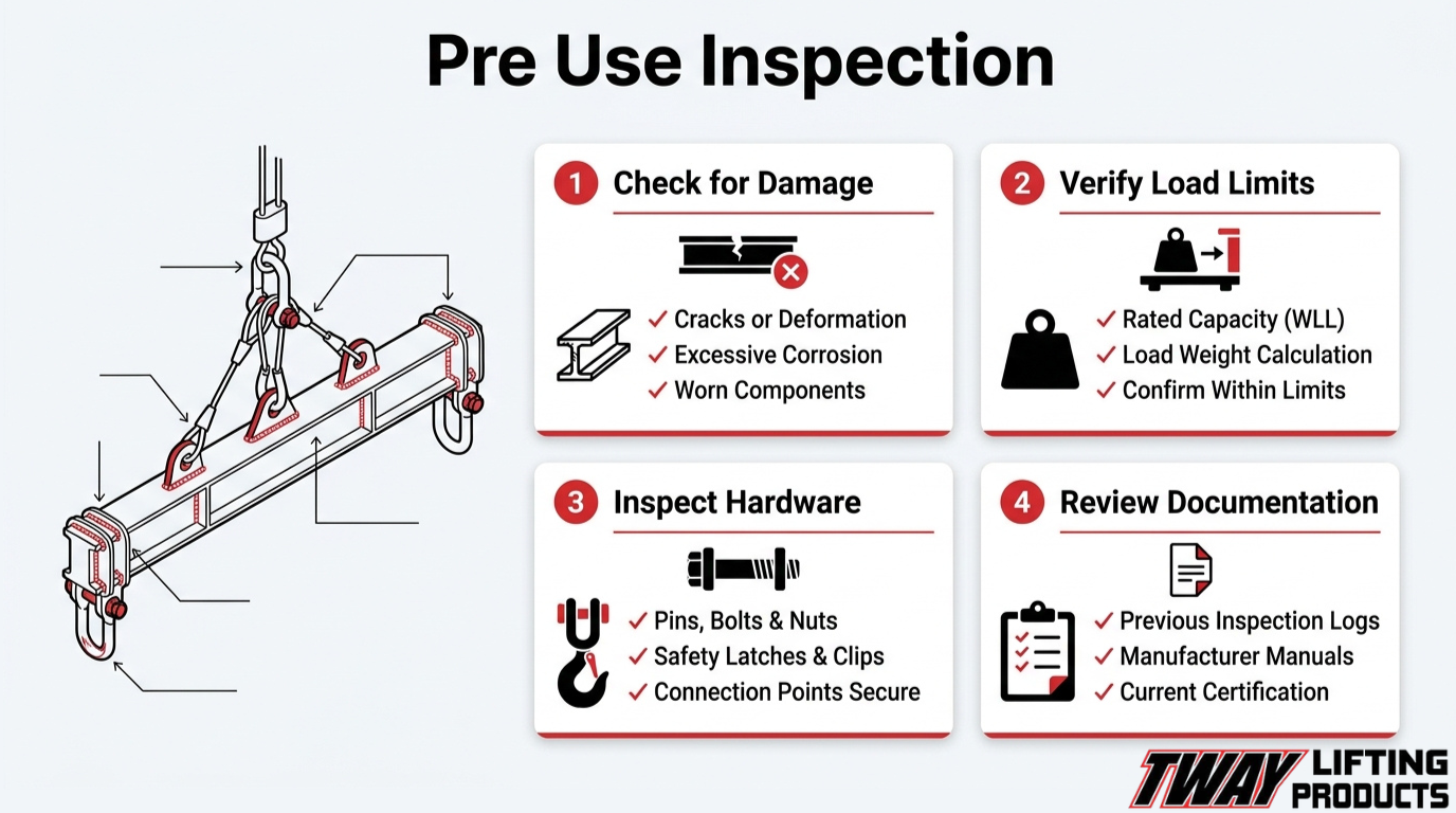 Spreader bar pre-use inspection checklist covering damage, rated load limits, rigging hardware, and certification documents.