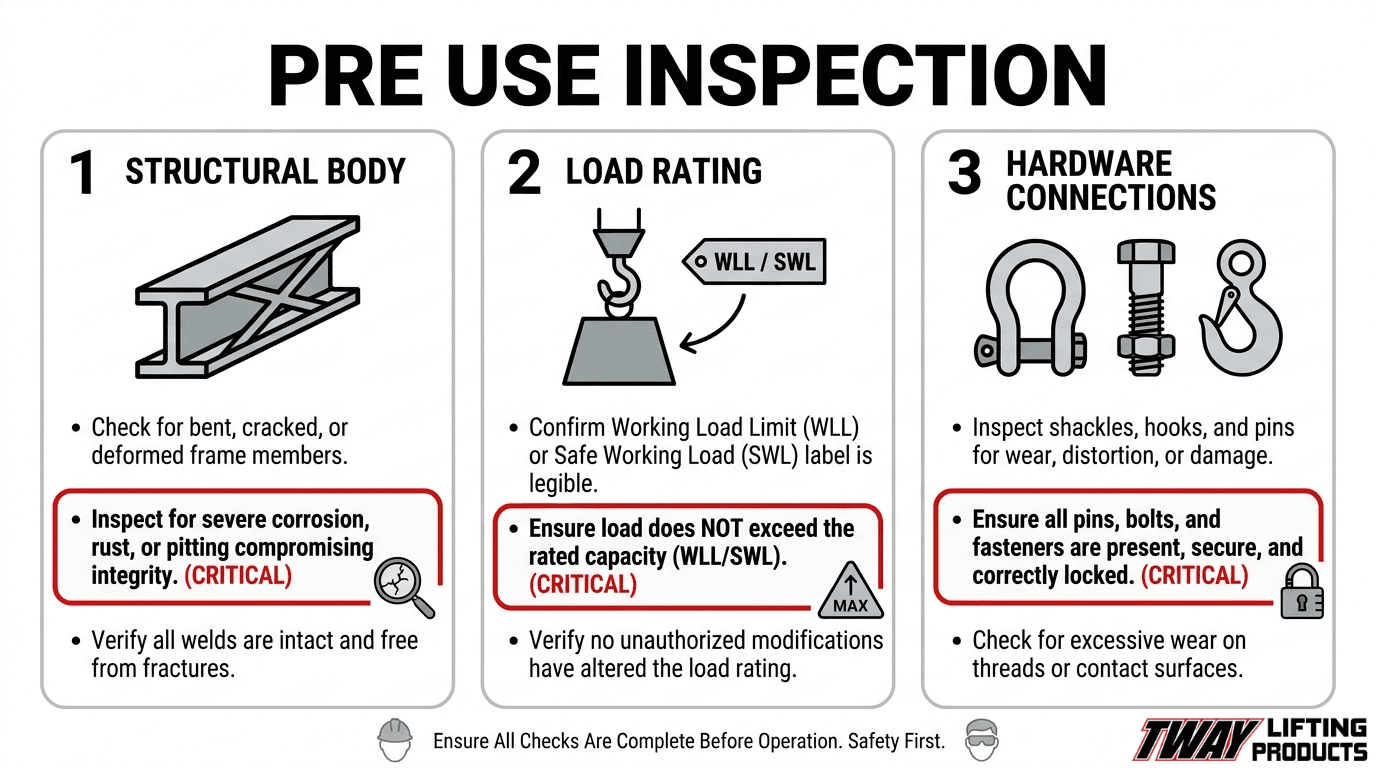 Spreader bar pre-use inspection checklist covering structural condition, load-rating verification, and hardware connections.