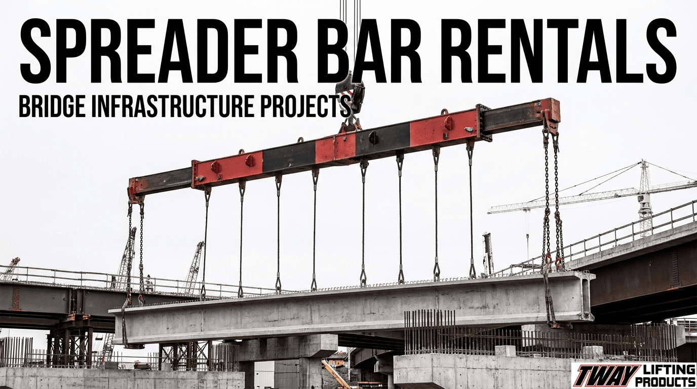 Spreader bar rental lifting a precast concrete bridge girder during a bridge infrastructure construction project.