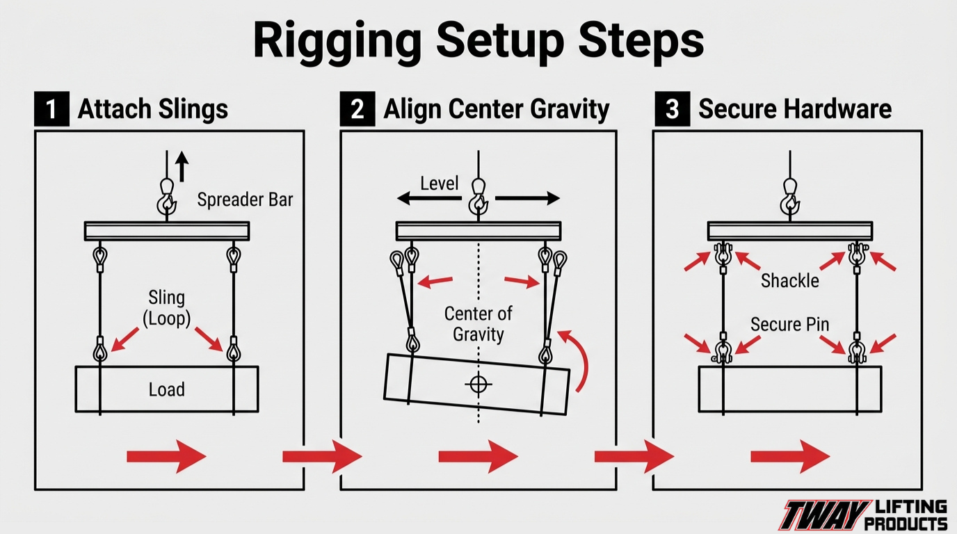 Three-step spreader bar rigging setup showing sling attachment, center-of-gravity alignment, and secure hardware connections.