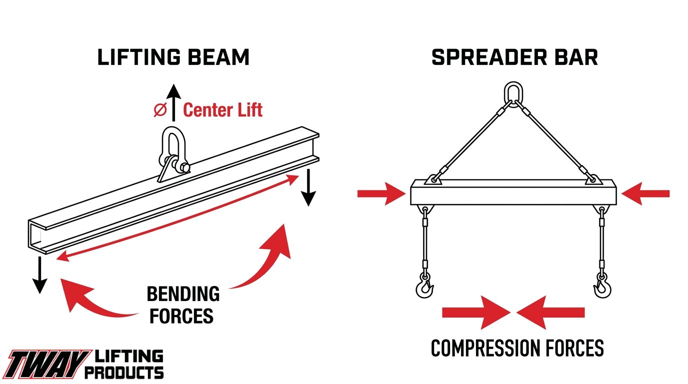 Lifting beam versus spreader bar comparison showing bending forces in a center-lift beam and compression forces in a spreader bar.