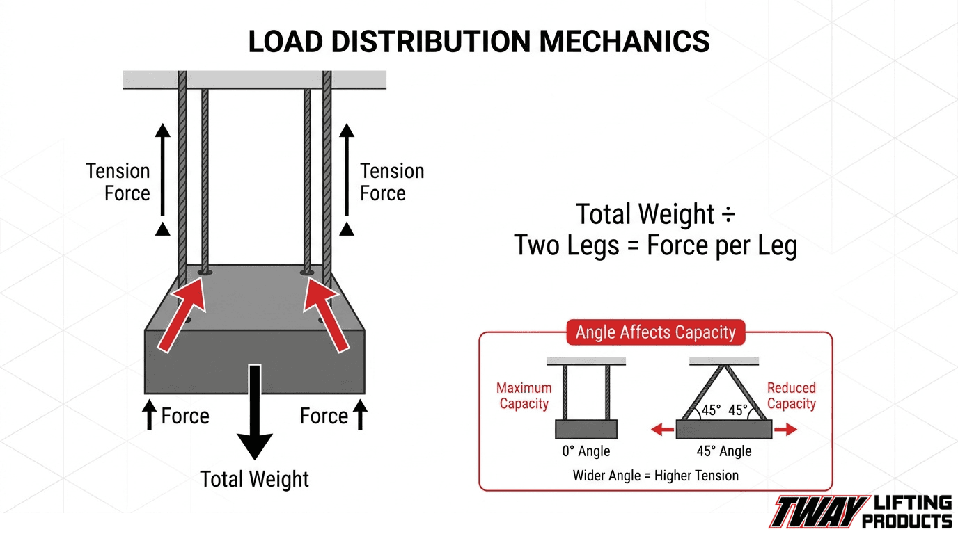 Load distribution diagram explaining sling tension, force per lifting leg, and how wider sling angles reduce lifting capacity.
