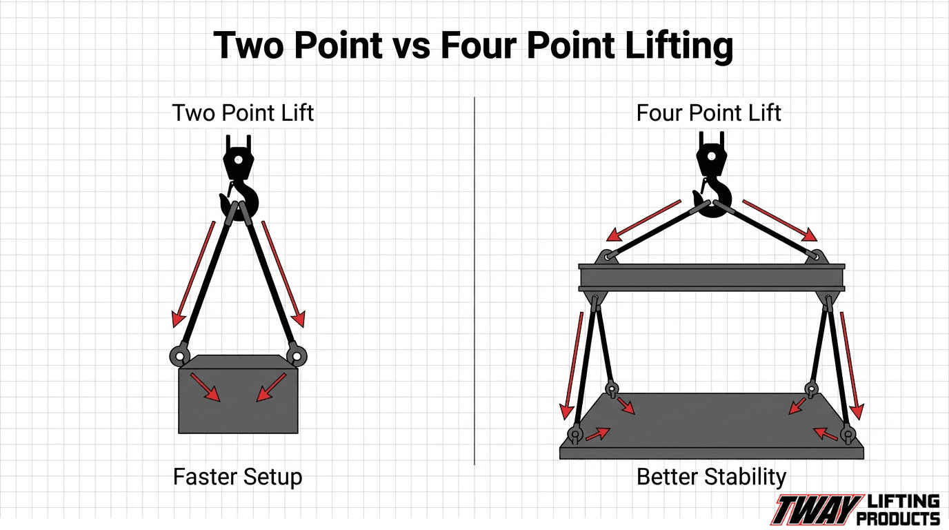 Two-point versus four-point lifting comparison showing faster setup for compact loads and improved stability for larger loads.