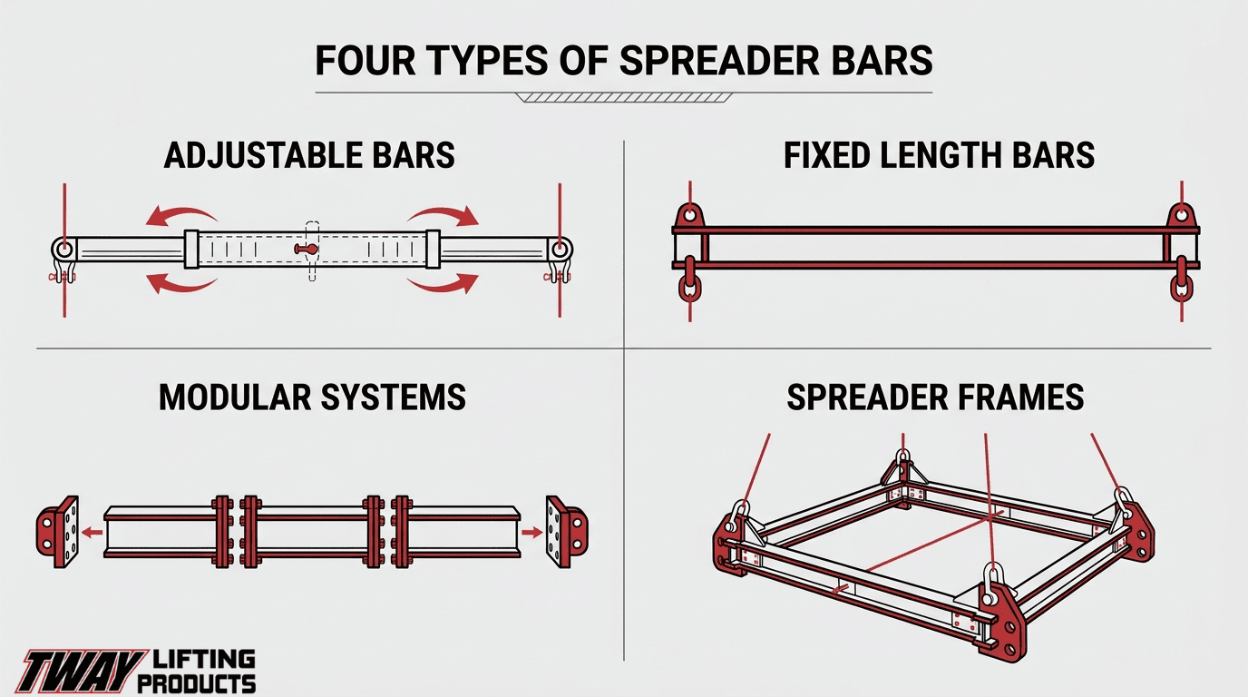 Four types of rental spreader bars: adjustable bars, fixed-length bars, modular systems, and spreader frames.
