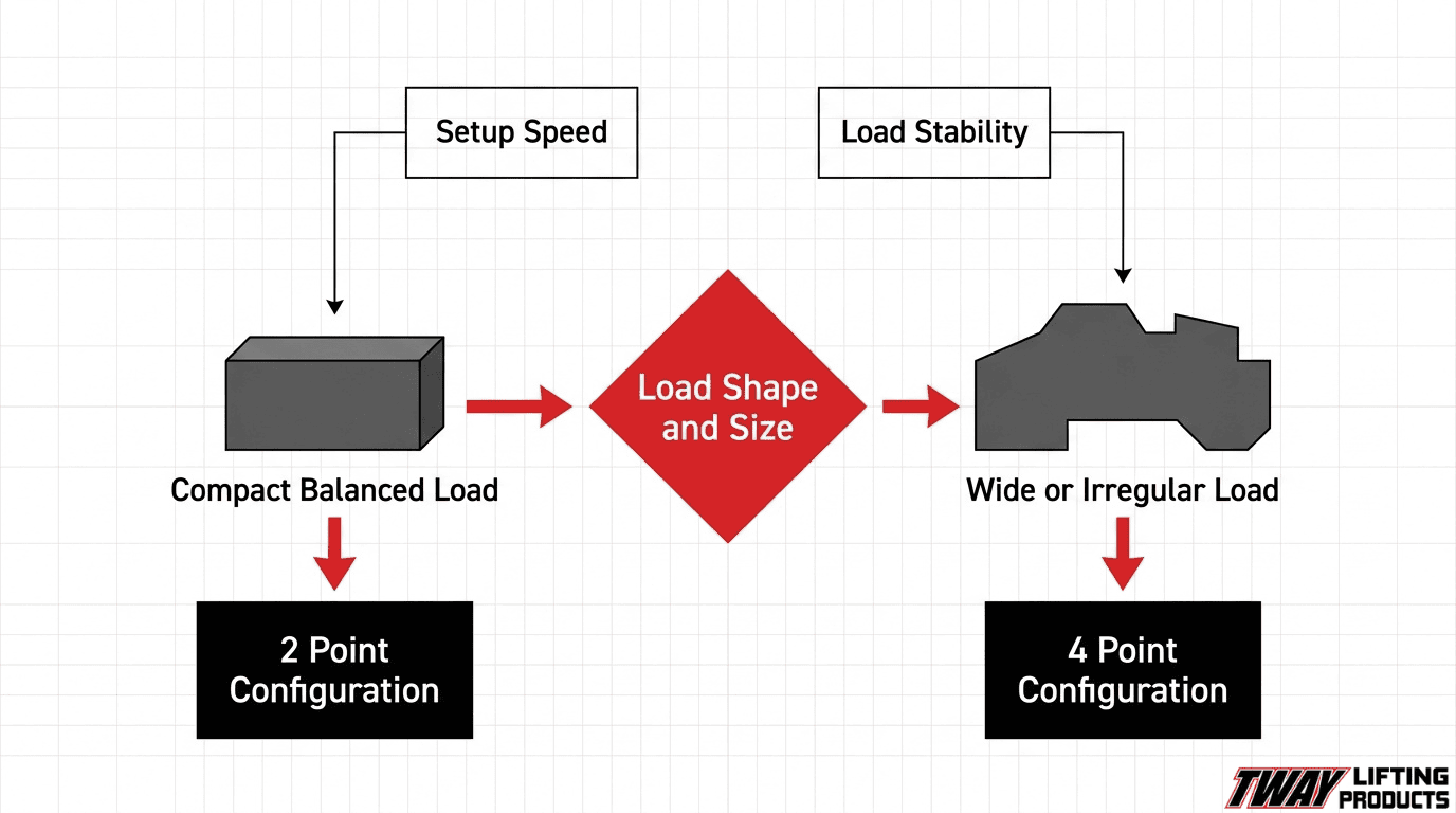 Decision diagram showing a two-point lifting configuration for compact balanced loads and a four-point configuration for wide or irregular loads.