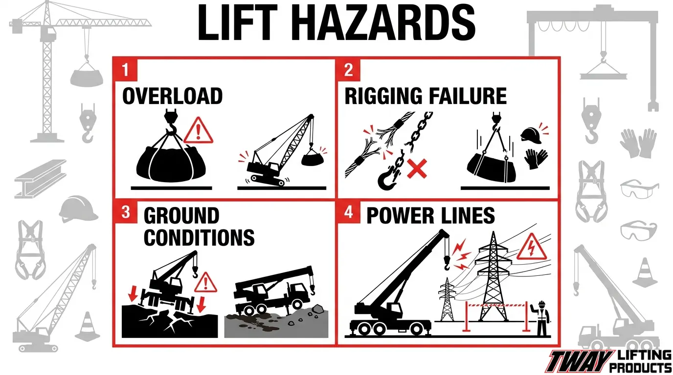 Common lift hazards including overload, rigging failure, poor ground conditions, and power lines