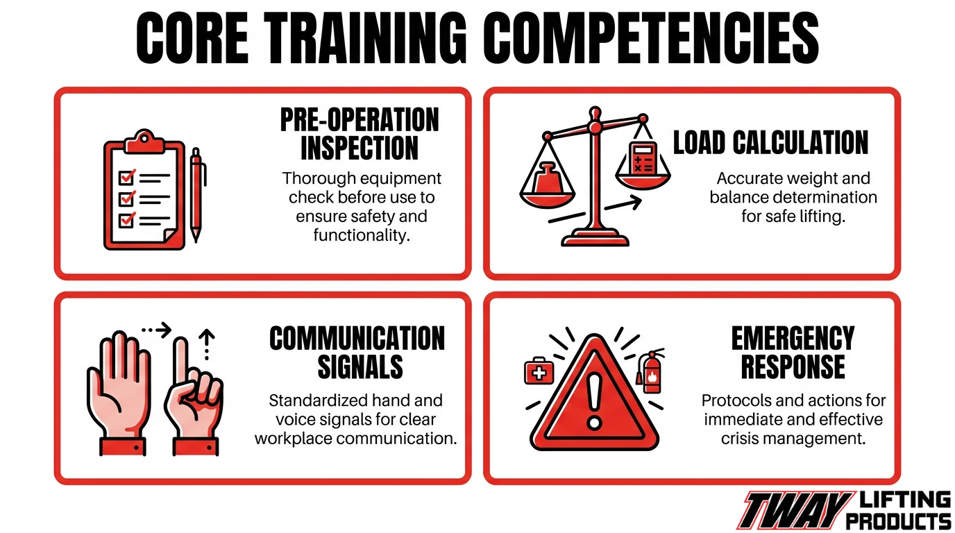 Core lifting equipment operator training competencies including inspection, load calculation, communication, and emergency response