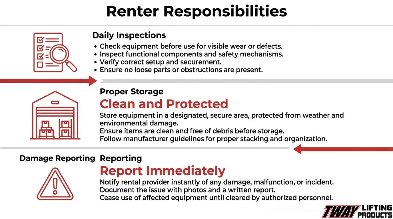 Renter responsibilities for inspections, storage, and damage reporting