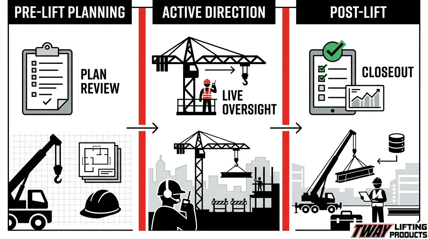 Three phases of lift supervision from pre-lift planning to active direction and post-lift closeout