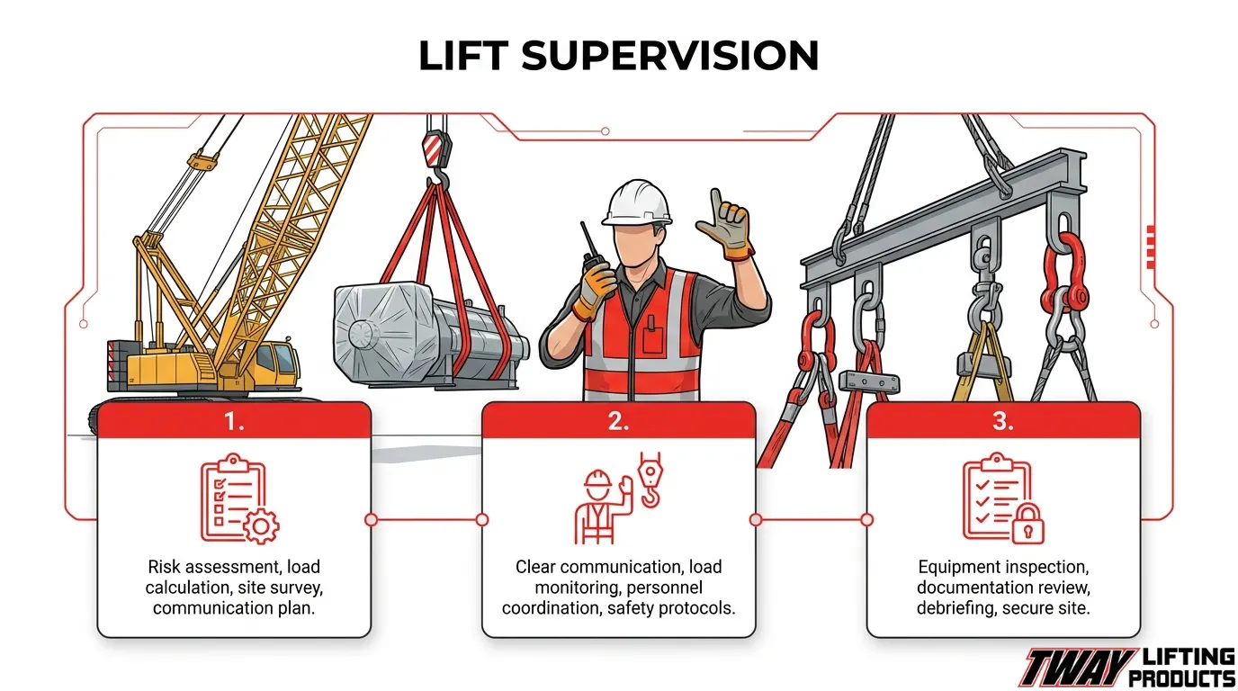 Lift supervision process covering risk assessment, communication, monitoring, and equipment inspection