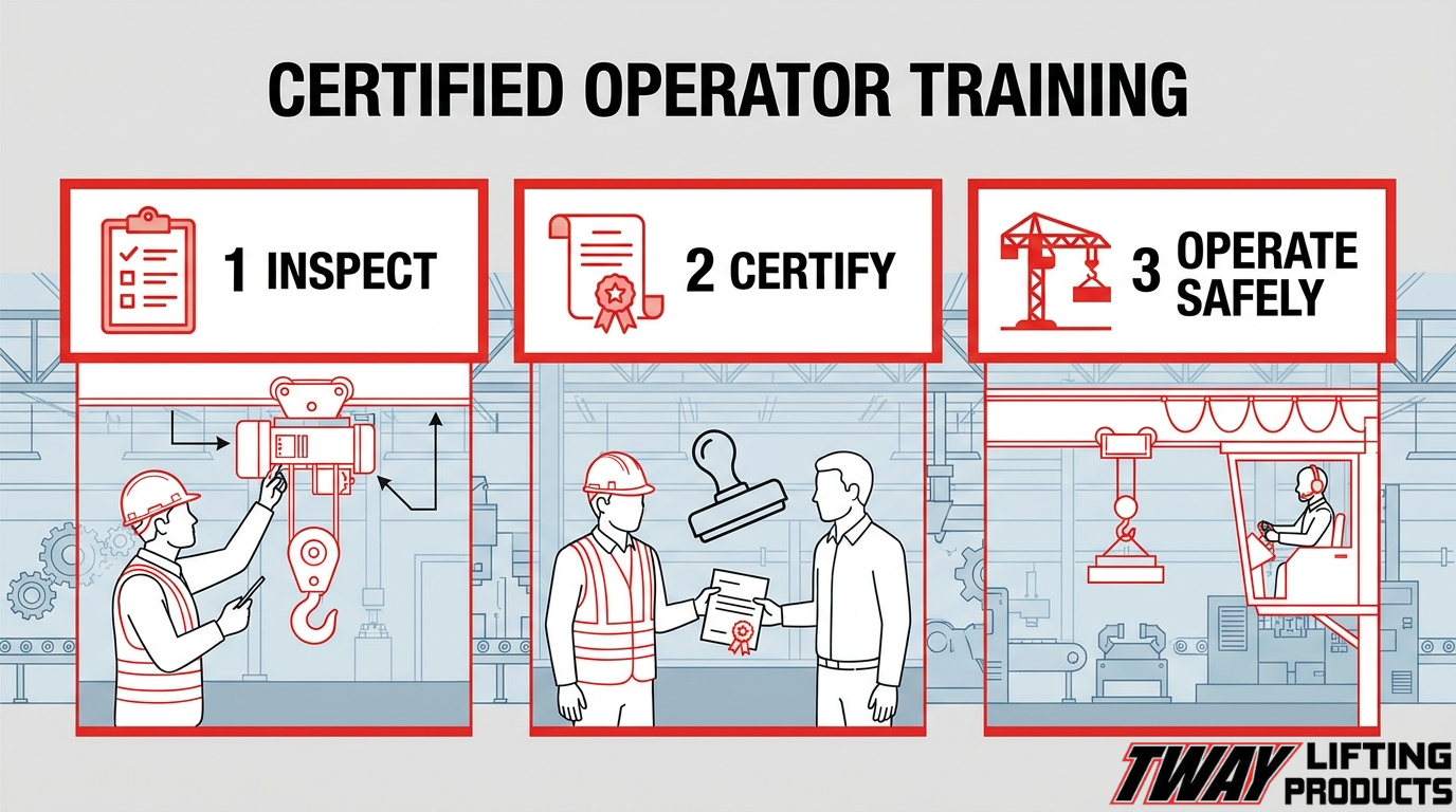 Certified operator training process covering inspection, certification, and safe lifting equipment operation