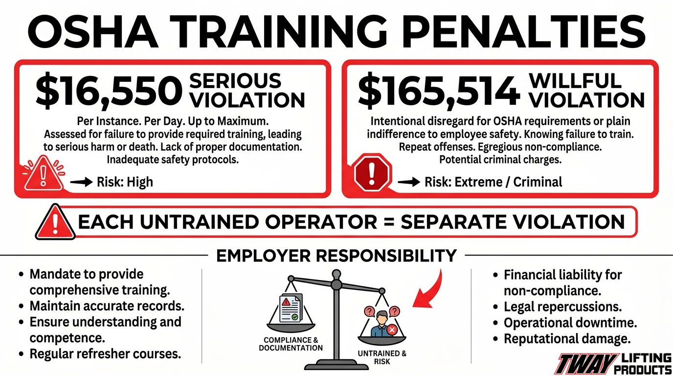 OSHA training penalties and employer responsibilities for untrained lifting equipment operators
