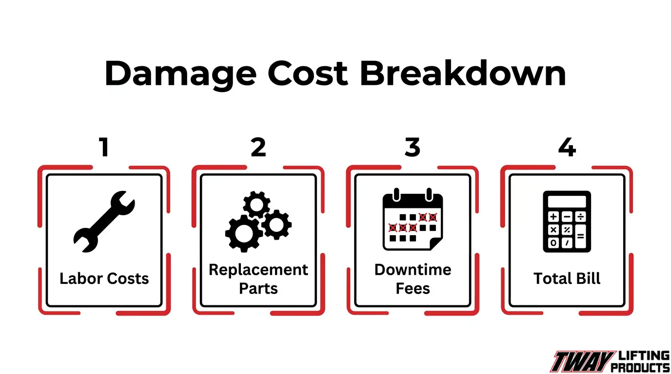 Rental equipment damage cost breakdown including labor, parts, and downtime