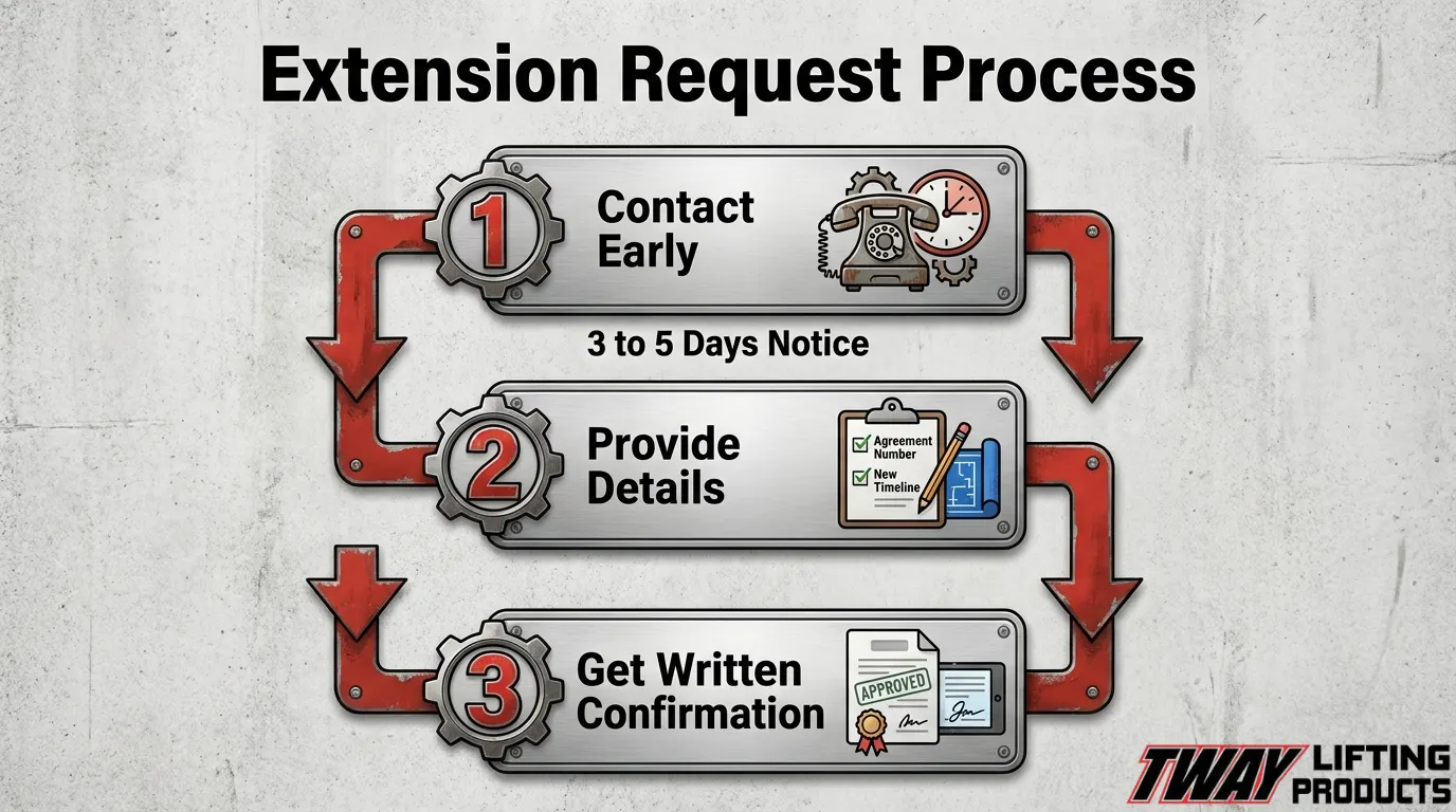 Rental extension request process with early notice and written confirmation