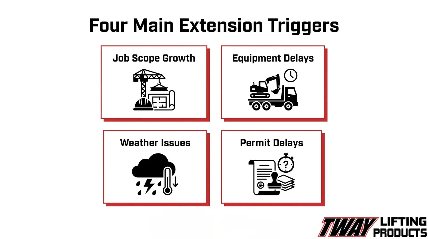 Common rental extension triggers including job growth, delays, weather, and permits