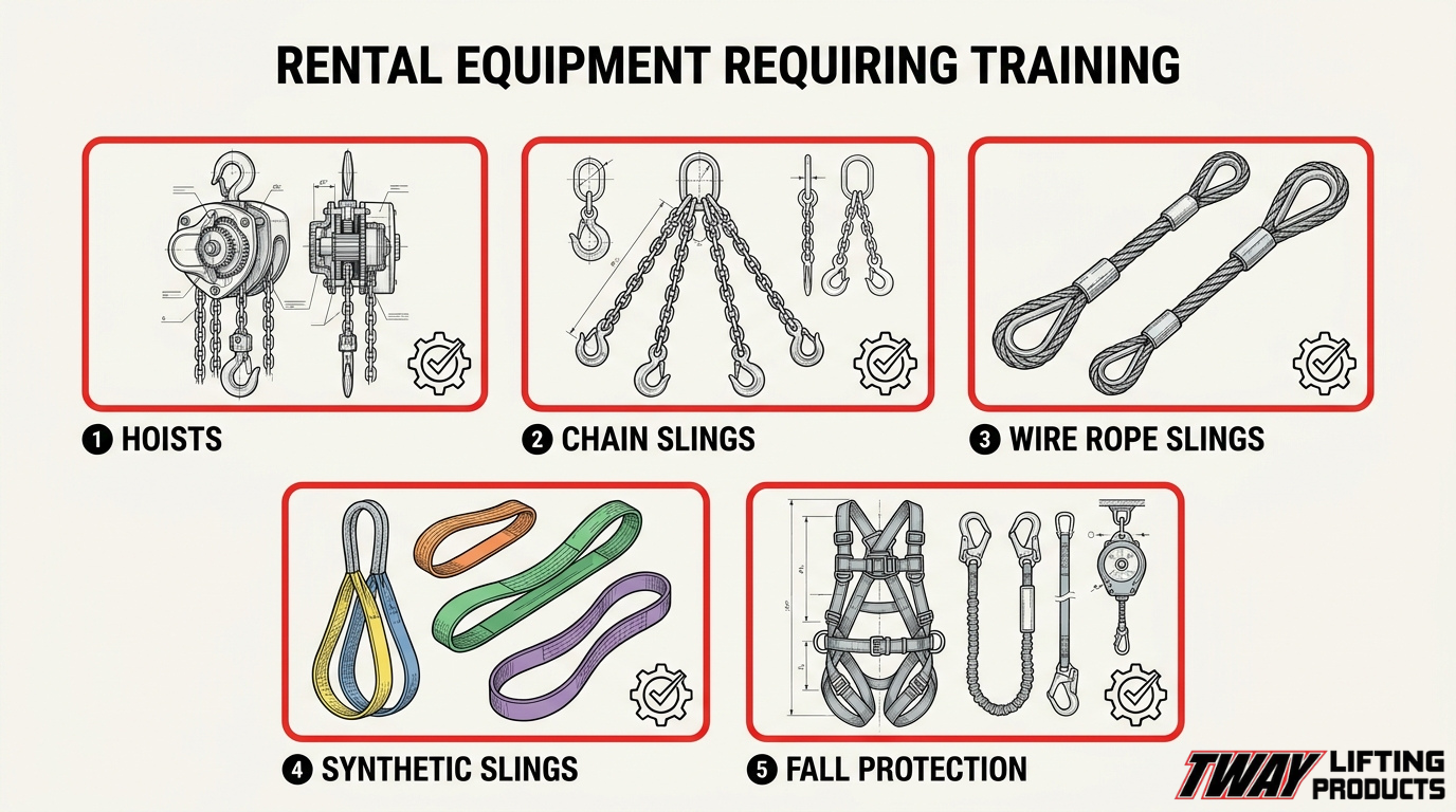 Rental lifting equipment requiring training including hoists, chain slings, wire rope slings, synthetic slings, and fall protection