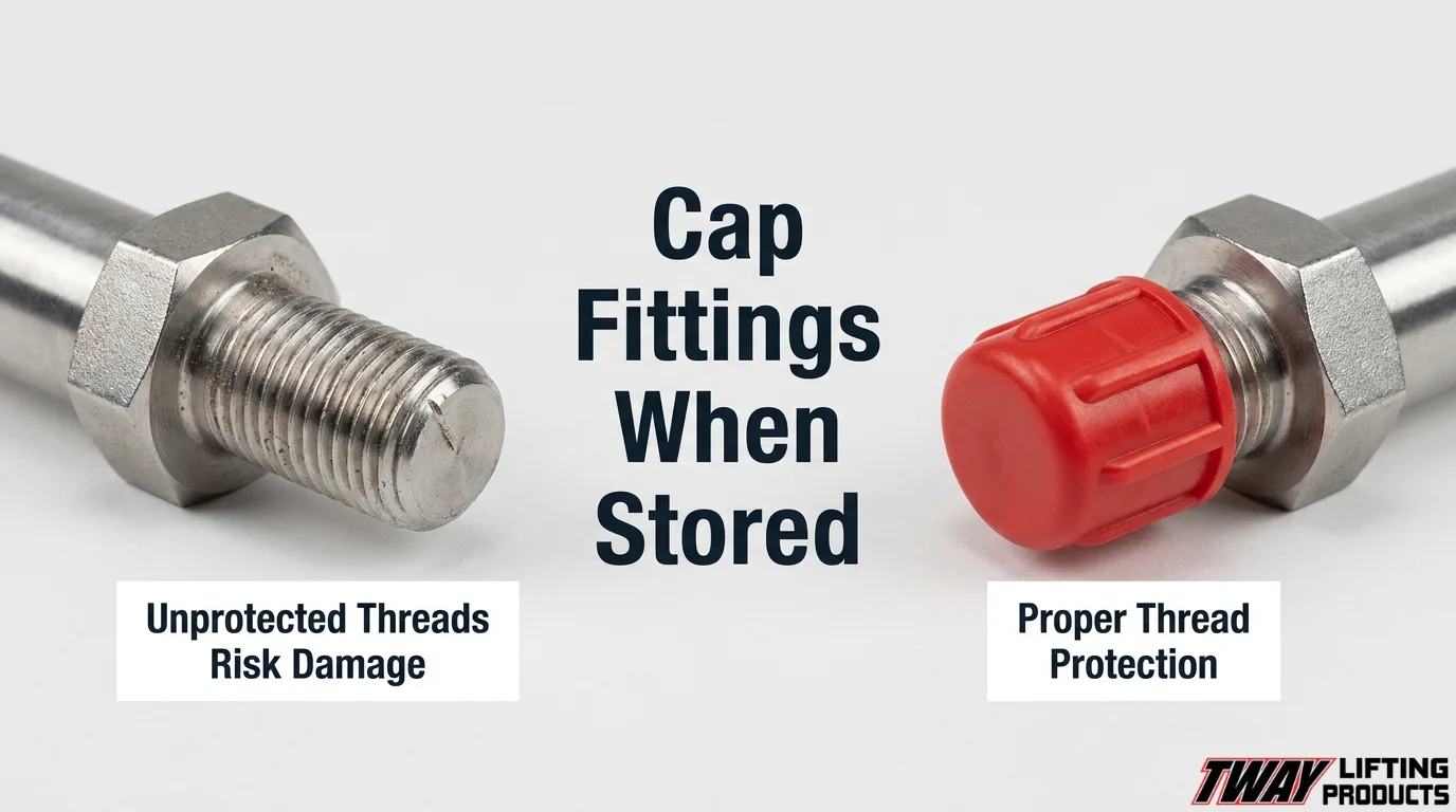 Protecting spreader bar threaded fittings with caps during storage