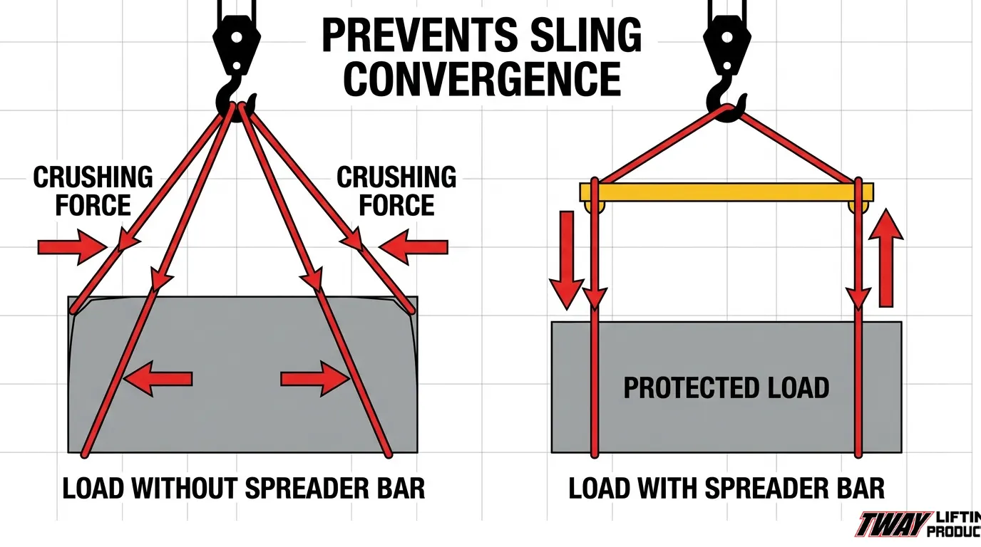 Spreader bar preventing sling convergence and crushing force on a lifted load