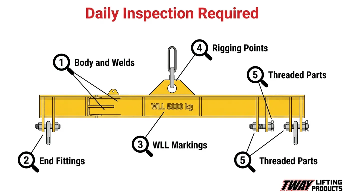 Daily spreader bar inspection checklist for welds, fittings, WLL markings, and rigging points