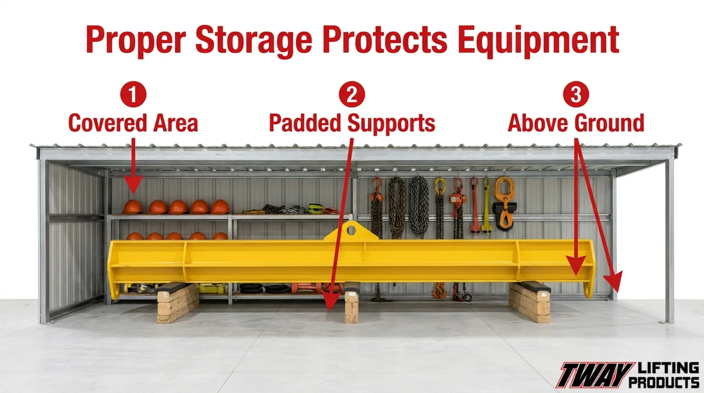 Proper spreader bar storage using covered space, padded supports, and above-ground positioning