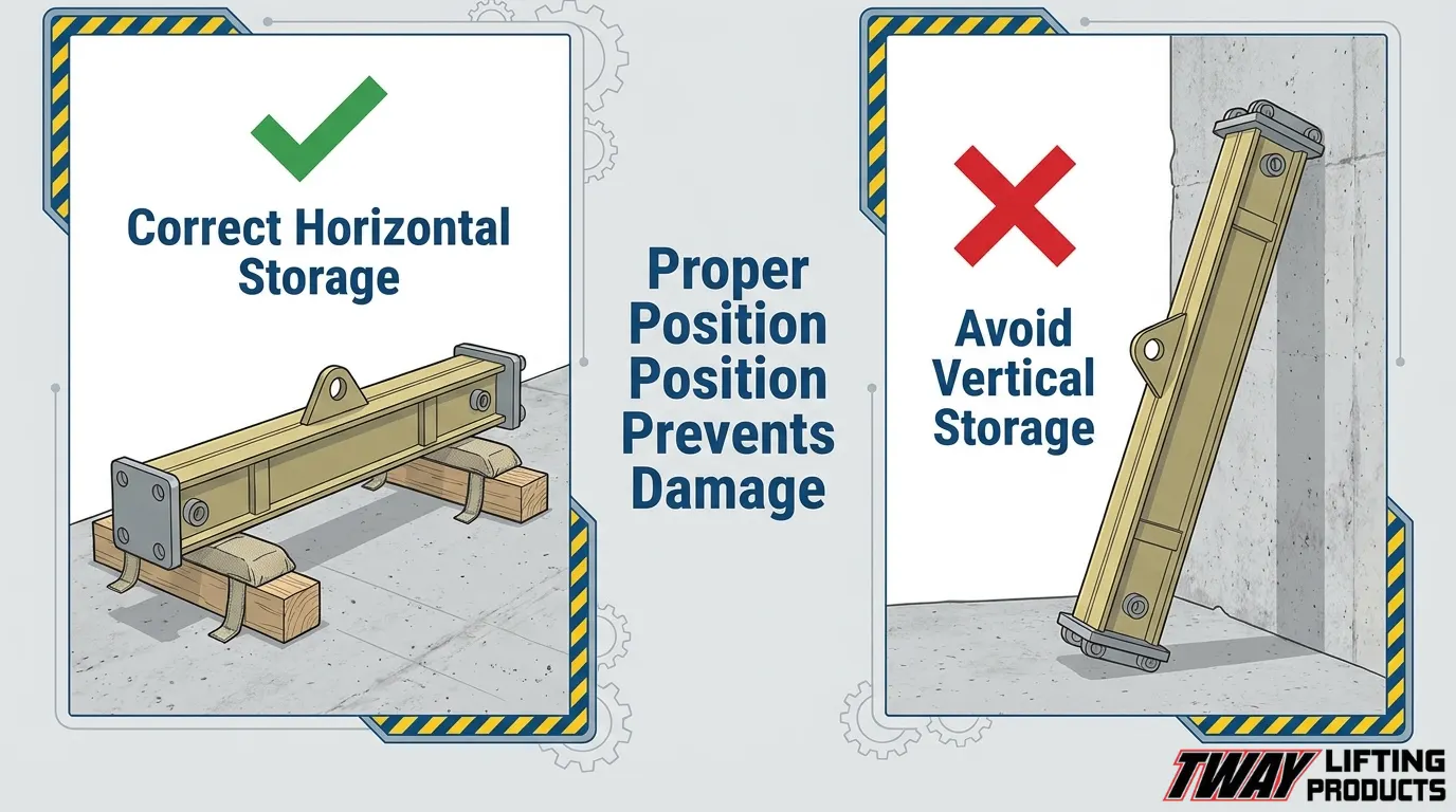 Correct horizontal spreader bar storage compared with unsafe vertical storage