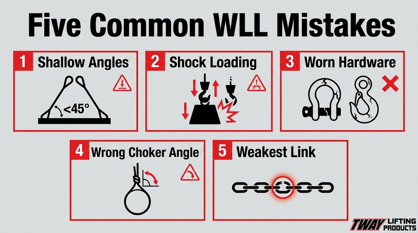1. Common chain sling WLL mistakes infographic showing shallow sling angles, shock loading, worn hardware, incorrect choker angles, and damaged chain links.