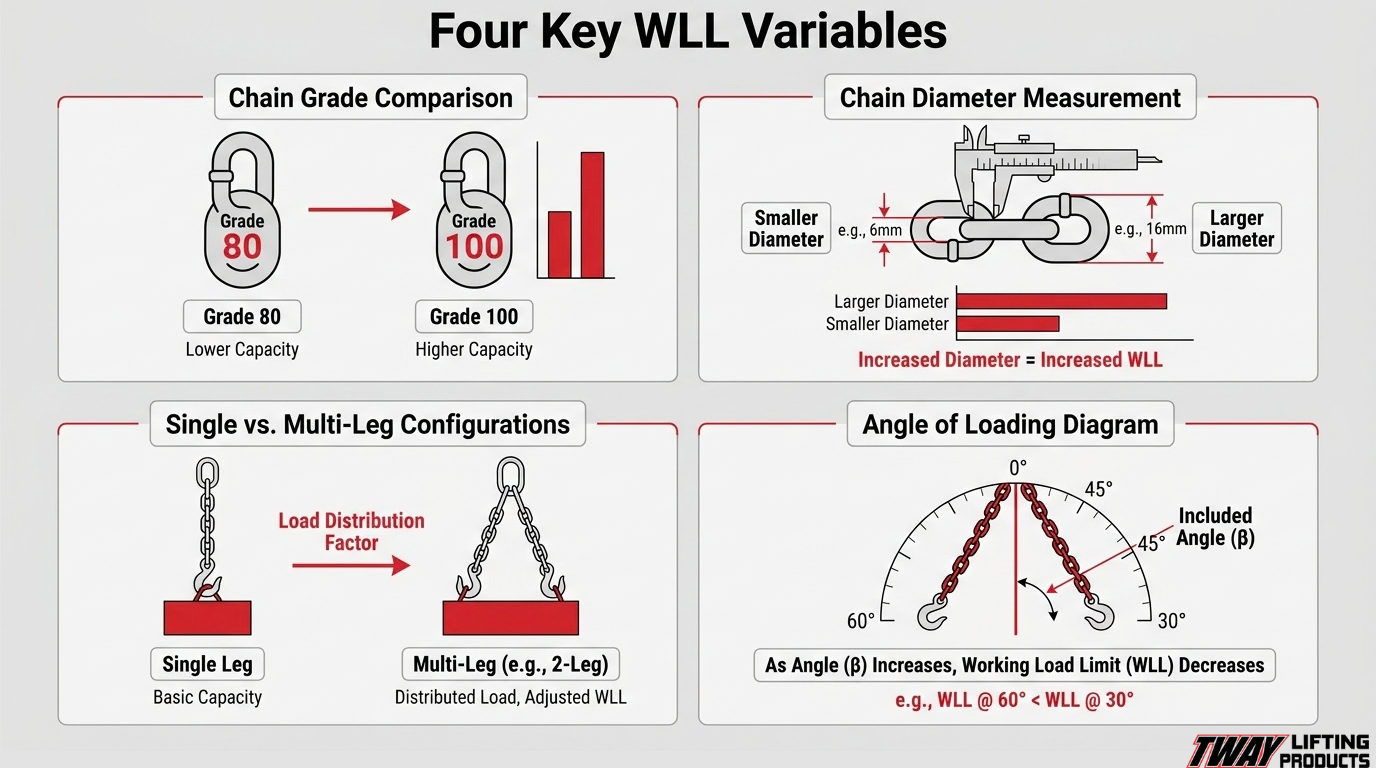 Chain sling WLL variables infographic comparing chain grade, chain diameter, single versus multi-leg configurations, and loading angle.