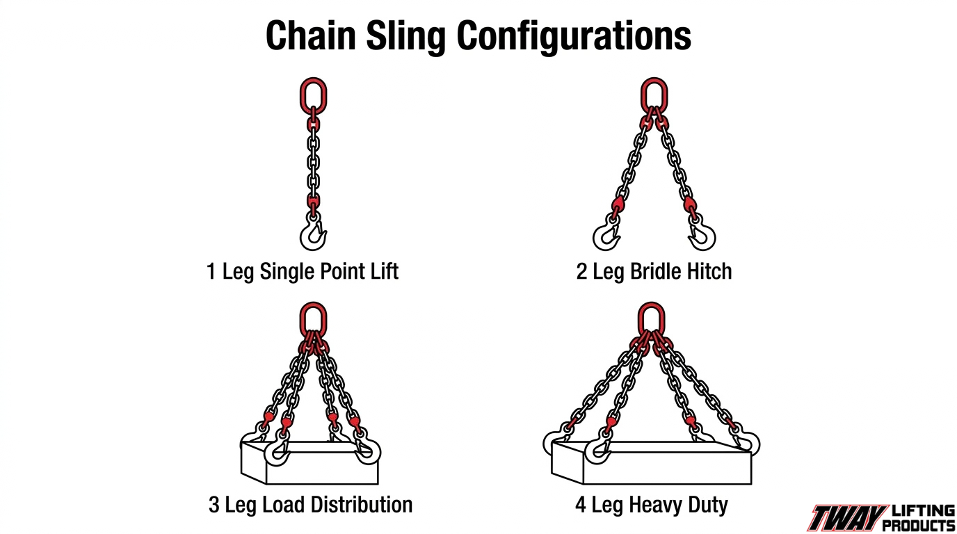 Chain sling configuration diagram showing one-leg, two-leg, three-leg, and four-leg sling arrangements for different lifting applications.