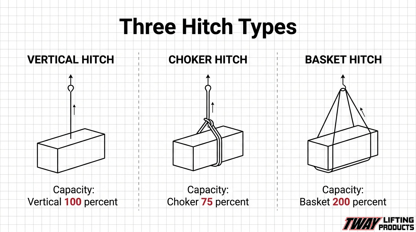 Chain sling hitch types infographic comparing vertical, choker, and basket hitches with their relative lifting capacities.