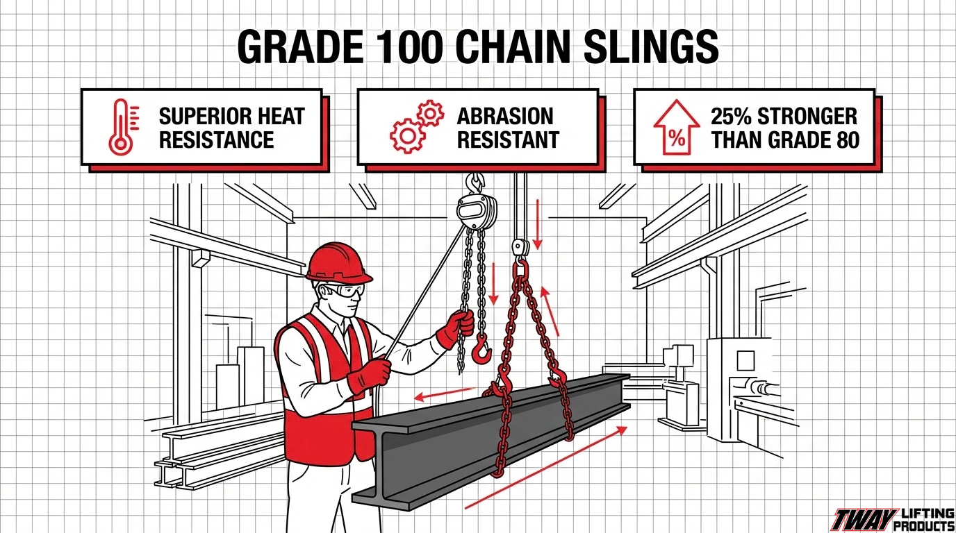 Grade 100 chain sling infographic showing an industrial lifting application with heat resistance, abrasion resistance, and greater strength than Grade 80 chain.