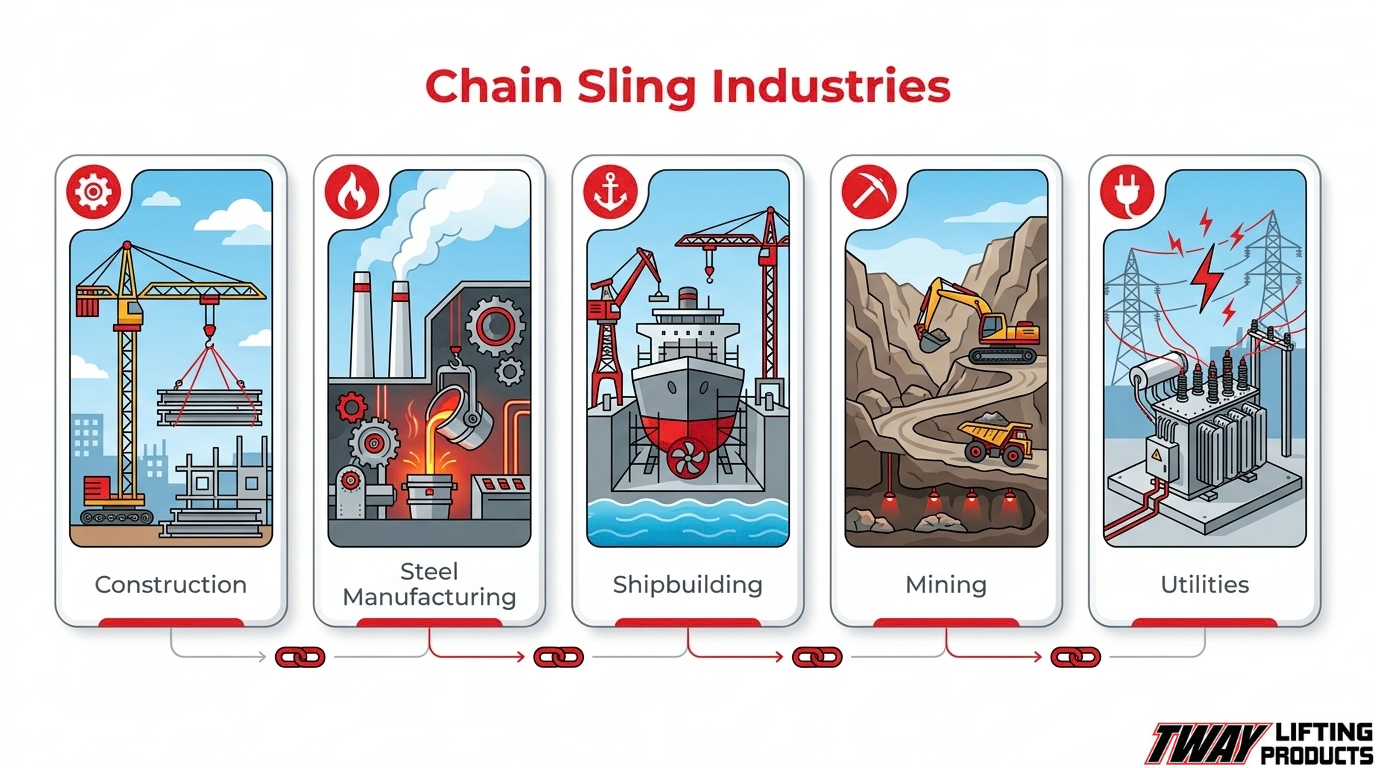 Chain sling industry applications infographic showing use in construction, steel manufacturing, shipbuilding, mining, and utilities.
