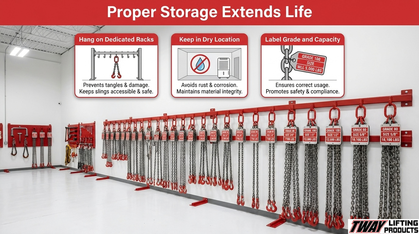 1. Chain sling storage infographic showing slings hung on dedicated racks, kept dry, and labeled by grade and load capacity.