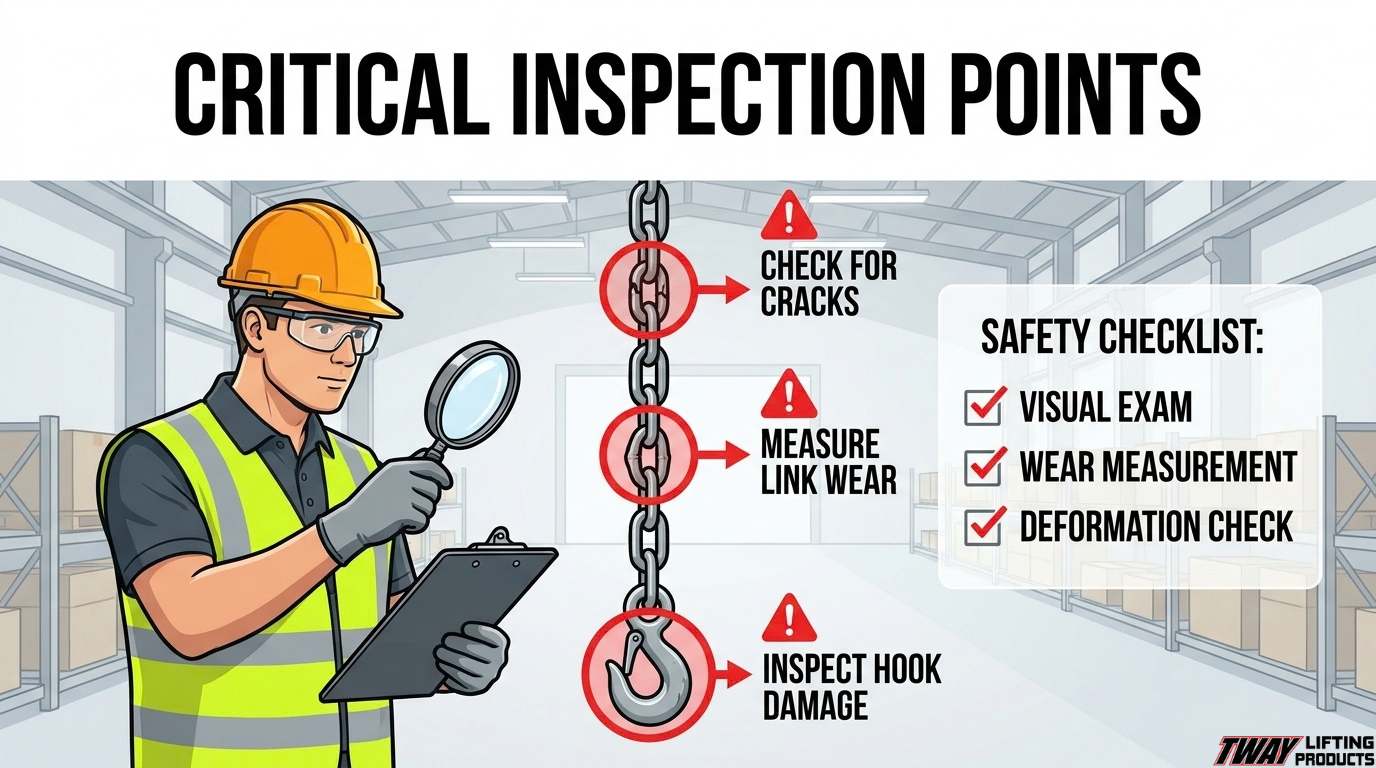 Chain sling inspection checklist showing checks for cracks, link wear, deformation, and hook damage before lifting.