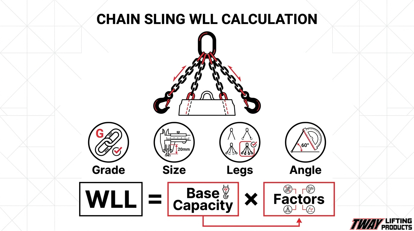 Chain sling working load limit calculation infographic showing how chain grade, size, number of legs, and sling angle affect WLL.