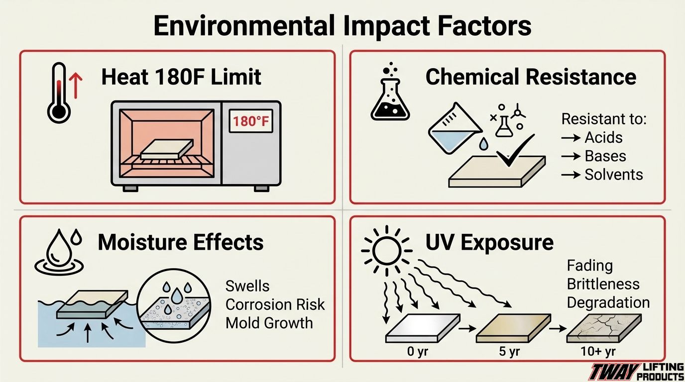 Environmental impact factors infographic showing how heat, chemicals, moisture, and UV exposure can affect sling materials.