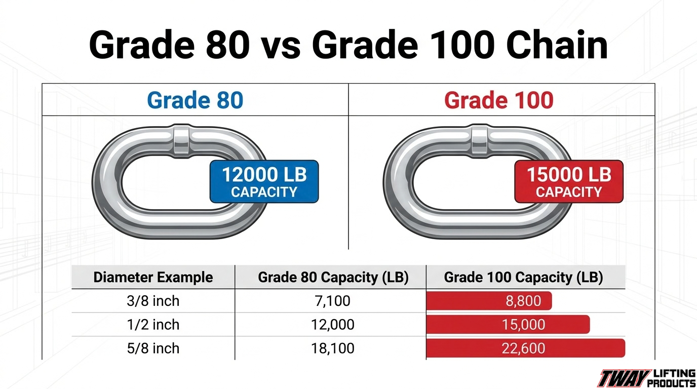 Grade 80 vs. Grade 100 chain comparison chart showing higher working load capacities for Grade 100 chain at comparable diameters.