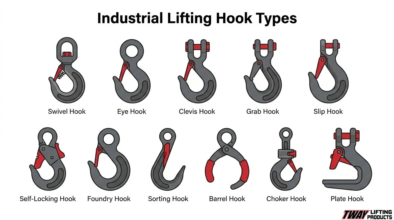 Industrial lifting hook types infographic showing swivel, eye, clevis, grab, slip, self-locking, foundry, sorting, barrel, choker, and plate hooks.