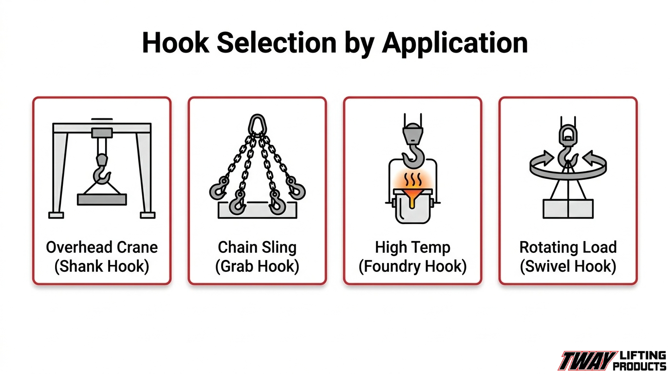 Lifting hook selection infographic showing shank hooks for overhead cranes, grab hooks for chain slings, foundry hooks for high-temperature lifting, and swivel hooks for rotating loads.