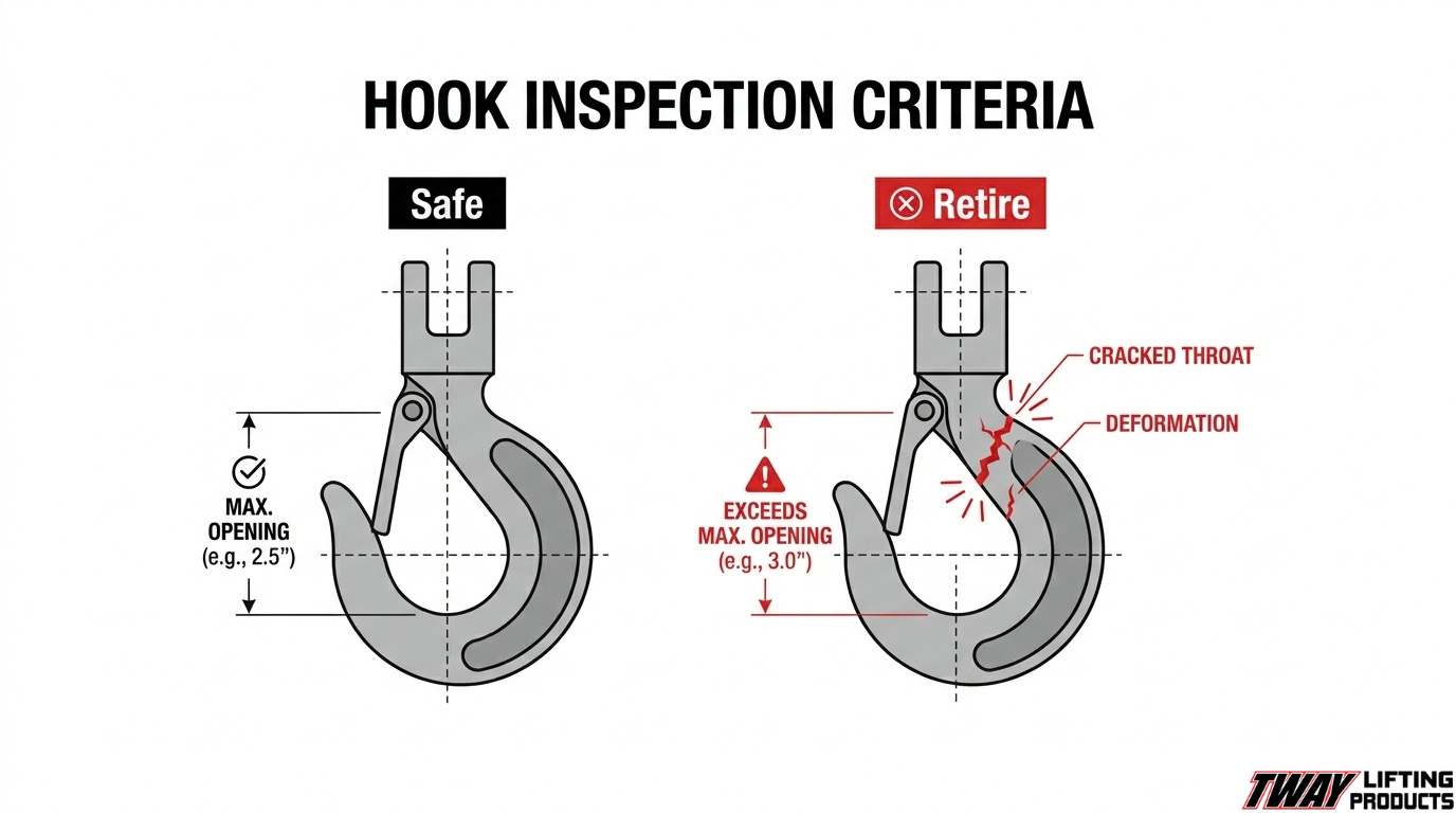 Lifting hook inspection criteria infographic comparing a safe hook with a damaged hook showing excessive opening, throat cracks, and deformation.