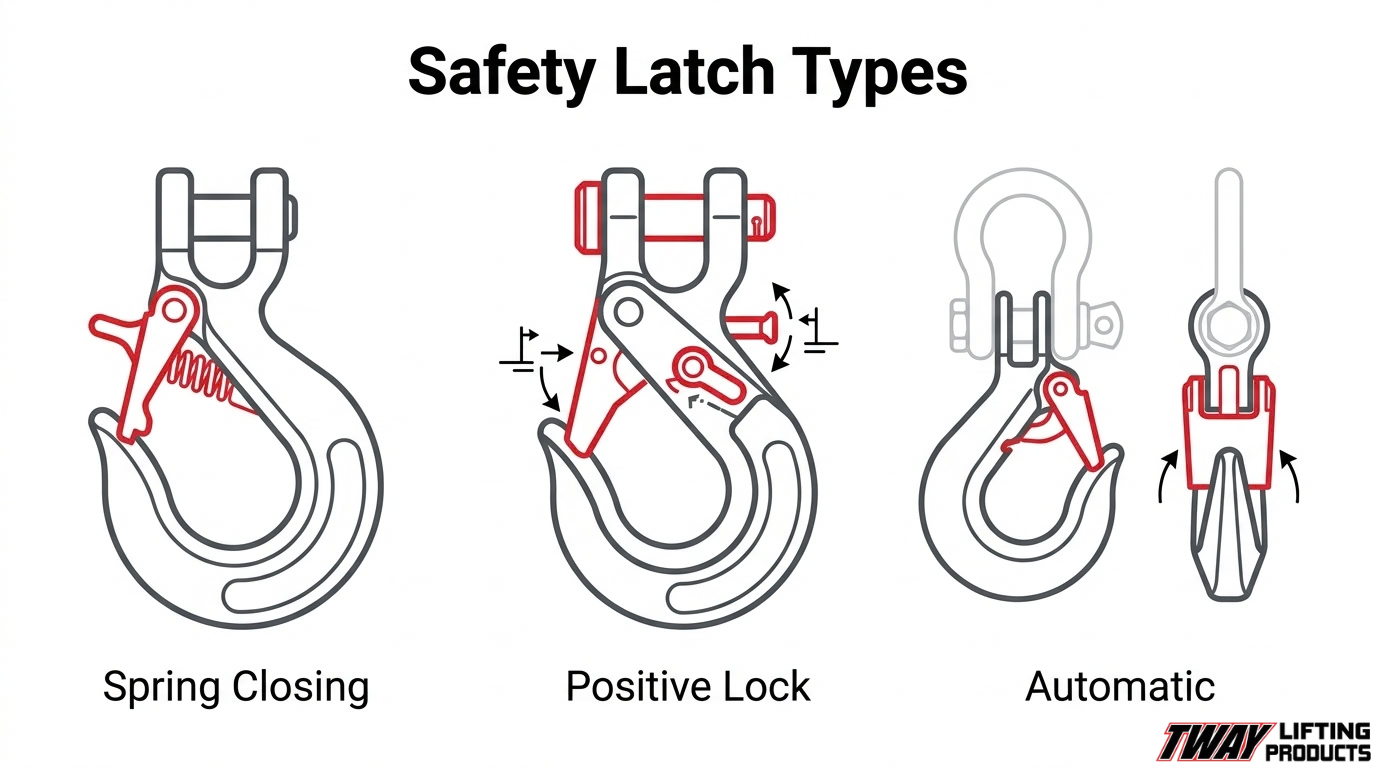 Lifting hook safety latch infographic comparing spring-closing, positive-lock, and automatic latch designs.