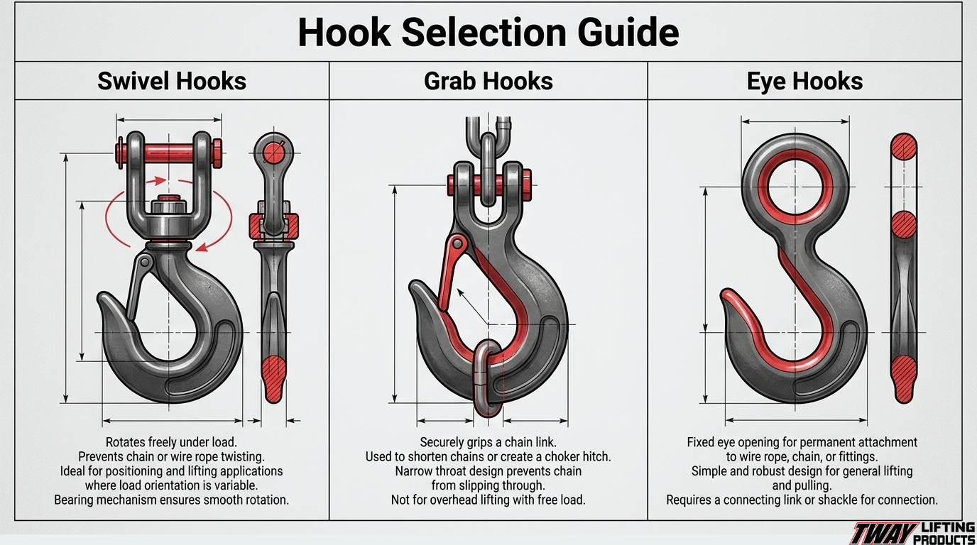 1. Lifting hook selection guide comparing swivel hooks, grab hooks, and eye hooks with their attachment methods, movement, and typical lifting applications.