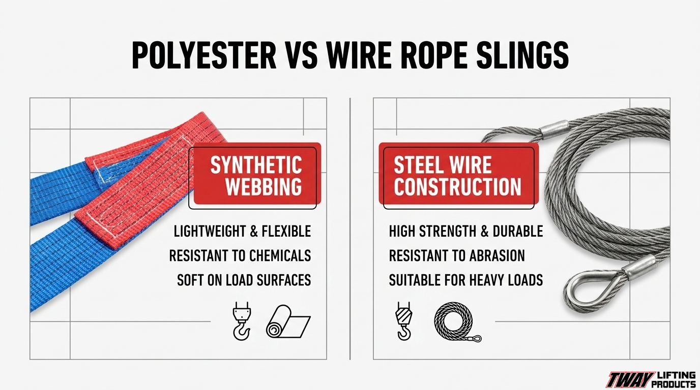 Polyester vs. wire rope slings infographic comparing synthetic webbing with steel wire construction, including flexibility, chemical resistance, strength, durability, and abrasion resistance.