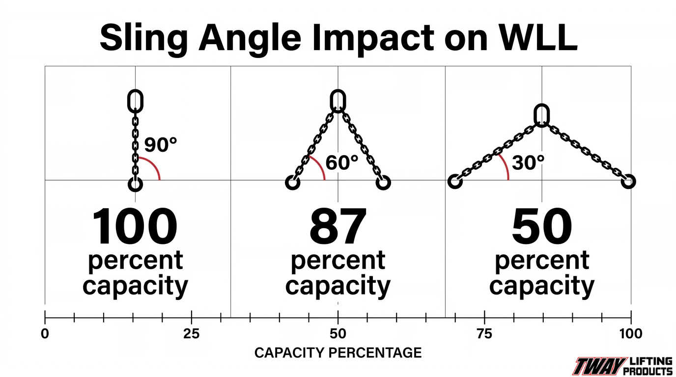 Sling angle capacity infographic showing how working load capacity decreases from 100% at 90 degrees to 87% at 60 degrees and 50% at 30 degrees.